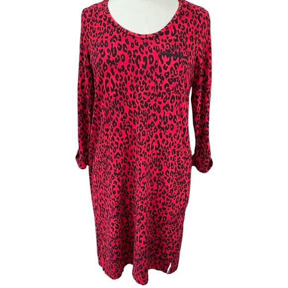 Soma Leopard Print T-Shirt Dress Sz M Red Long Sleeve Mobwife Maximalism Holiday - Picture 1 of 11